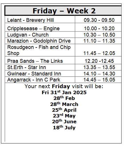 Your next Friday visit will be: 28th Feb, 28th Mar, 25th April, 23rd May, 20th June, 18th July 2025 Your next Friday visit will be: 28th Feb, 28th Mar, 25th April, 23rd May, 20th June, 18th July 2025